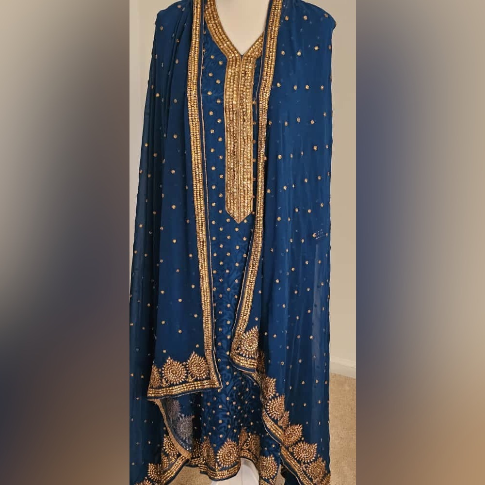 Elegant Blue and Gold Salwaar Kameez